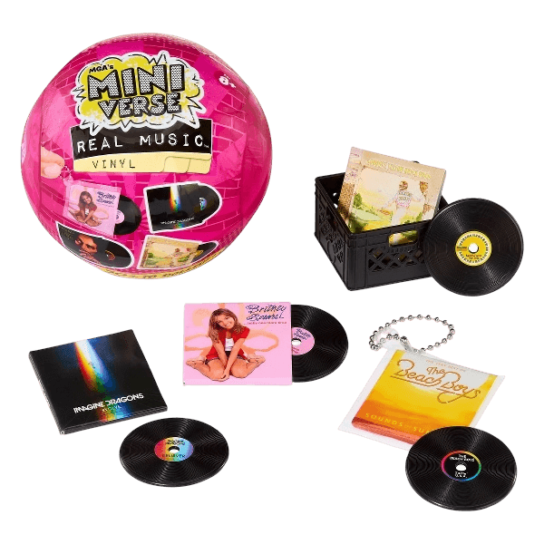 MGA's Miniverse Real Music Blind Pack Mini Playable Vinyl Records 4 Vinyl Records per Pack Sleeve and Keychain Britney Spears Elton John TLC